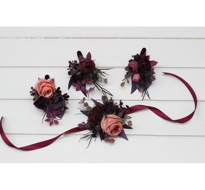 Moody Wedding Boutonniere & Corsage Set – Faux Florals in Purple, Black & Dusty Rose