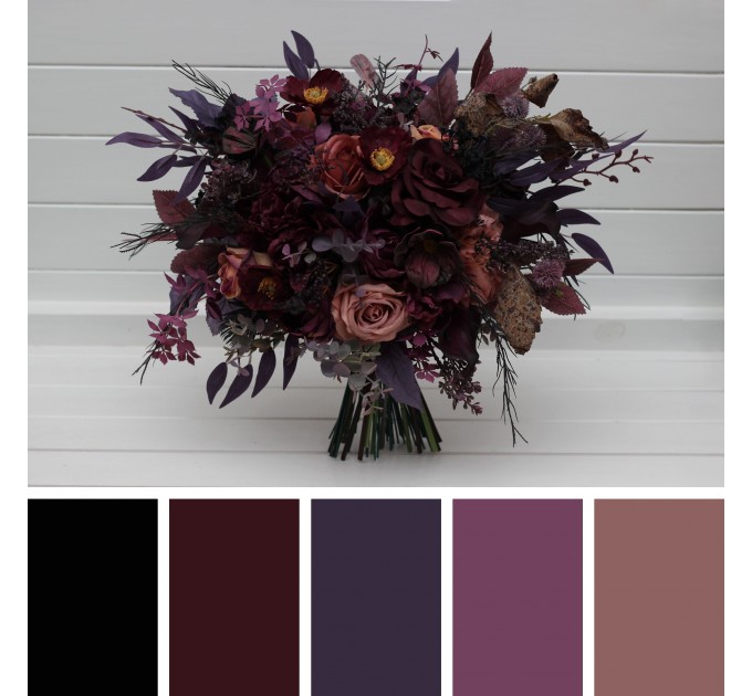 Moody Wedding Bouquet – Faux Bridal Flowers in Purple, Black & Dusty Rose