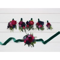  Wedding boutonnieres and wrist corsage  in jewel tone color scheme. Flower accessories  in deep navy blue, magenta, fuchsia, purple, and emerald green. 5416