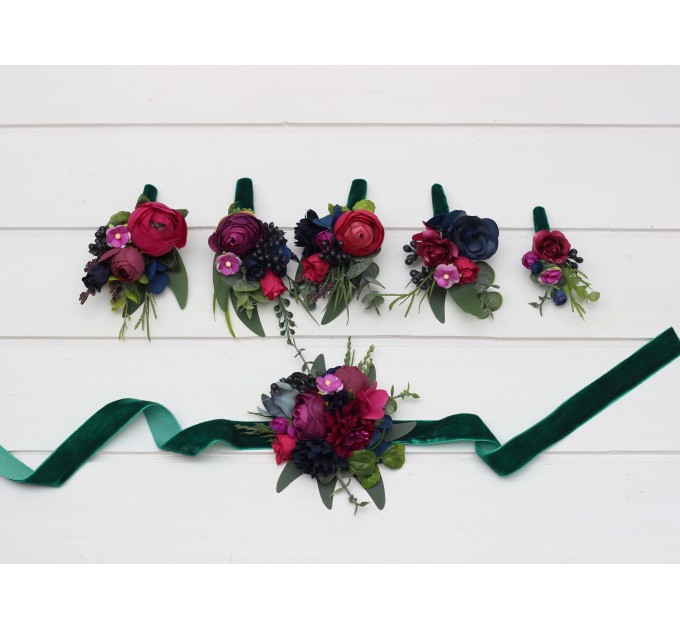 Jewel-Tone Wedding Boutonnieres & Wrist Corsages – Faux Floral Accessories in Deep Rich Colors