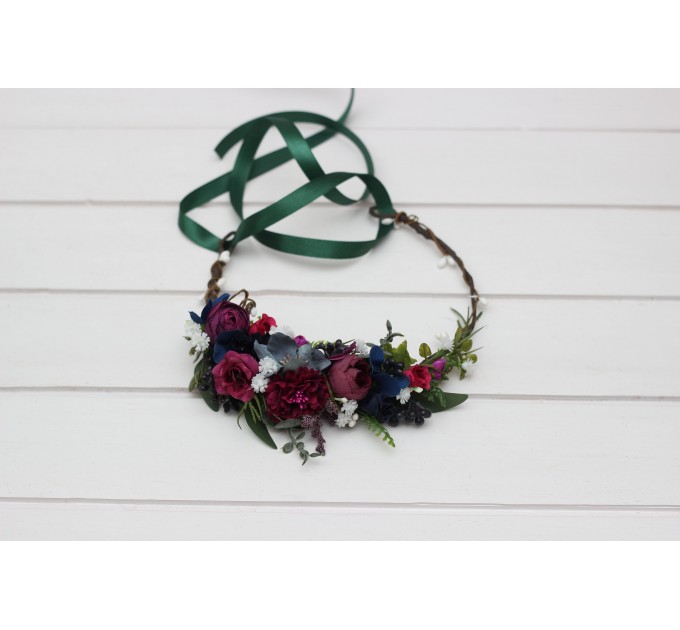 Jewel-Tone Flower Crown – Faux Floral Hair Wreath in Burgundy, Navy, Magenta & Emerald