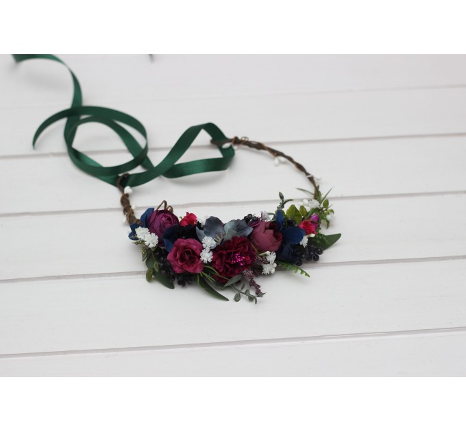 Jewel-Tone Flower Crown – Faux Floral Hair Wreath in Burgundy, Navy, Magenta & Emerald