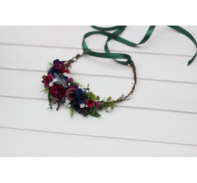 Jewel-Tone Flower Crown – Faux Floral Hair Wreath in Burgundy, Navy, Magenta & Emerald