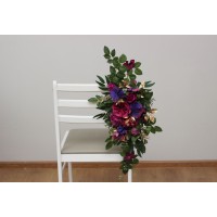 Aisle flowers in jewel tone scheme. Purple magenta and gold hair flowers. Sign flowers. Marker flowers. Flowers for wedding decor. 5273