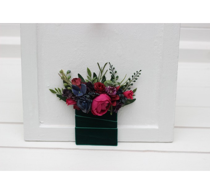 Jewel-Tone Pocket Boutonniere – Faux Square Flowers in Burgundy, Navy, Magenta & Emerald
