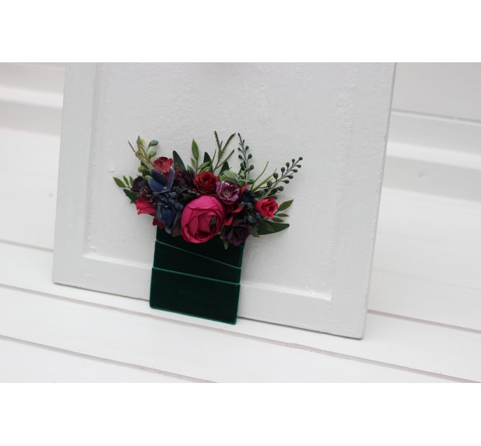 Jewel-Tone Pocket Boutonniere – Faux Square Flowers in Burgundy, Navy, Magenta & Emerald