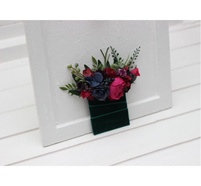 Jewel-Tone Pocket Boutonniere – Faux Square Flowers in Burgundy, Navy, Magenta & Emerald