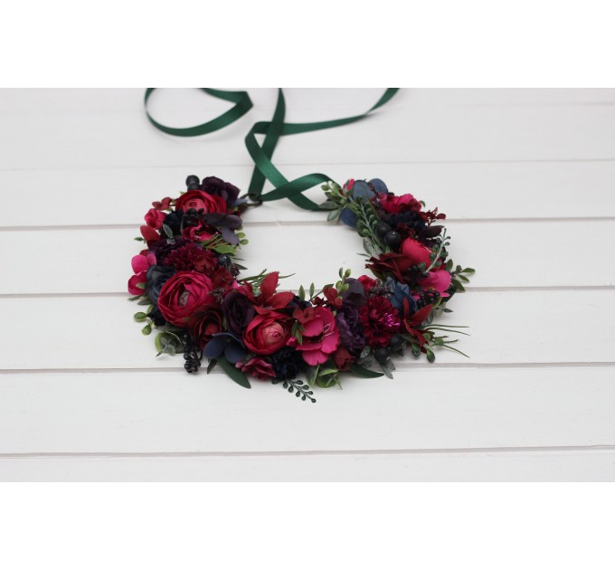 Navy, Burgundy, Magenta, Fuchsia, Purple & Emerald Flower Crown – Faux Floral Hair Wreath for Bride or Flower Girl