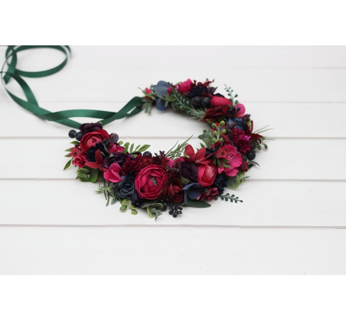 Navy, Burgundy, Magenta, Fuchsia, Purple & Emerald Flower Crown – Faux Floral Hair Wreath for Bride or Flower Girl