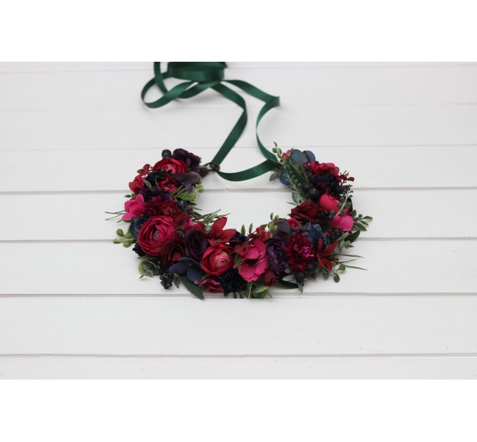 Navy, Burgundy, Magenta, Fuchsia, Purple & Emerald Flower Crown – Faux Floral Hair Wreath for Bride or Flower Girl