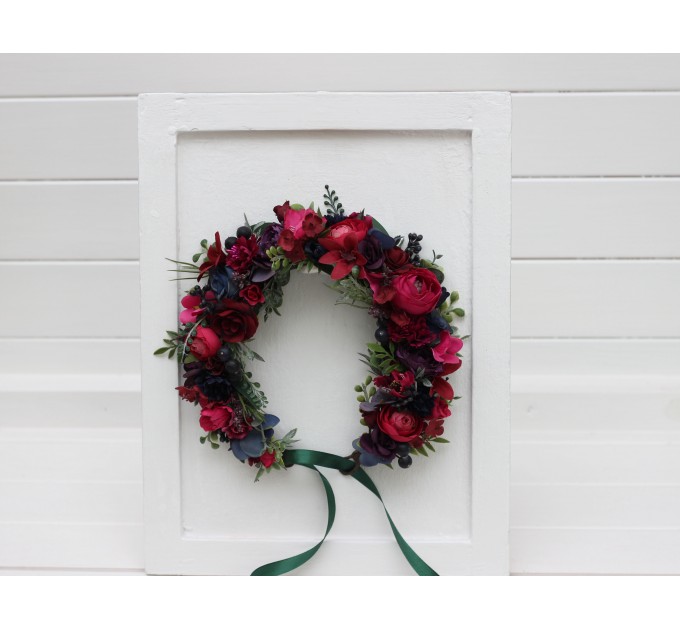 Navy, Burgundy, Magenta, Fuchsia, Purple & Emerald Flower Crown – Faux Floral Hair Wreath for Bride or Flower Girl
