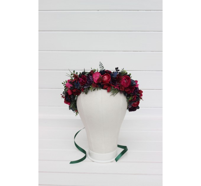 Navy, Burgundy, Magenta, Fuchsia, Purple & Emerald Flower Crown – Faux Floral Hair Wreath for Bride or Flower Girl