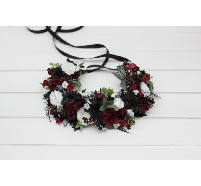 Gothic Flower Crown – Burgundy, Black, White & Silver Faux Floral Hair Wreath for Bride or Flower Girl