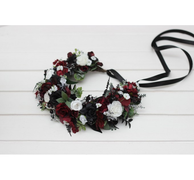 Gothic Flower Crown – Burgundy, Black, White & Silver Faux Floral Hair Wreath for Bride or Flower Girl