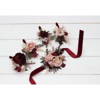  Wedding boutonnieres and wrist corsage  in burgundy blush pink color scheme. Flower accessories. 5257