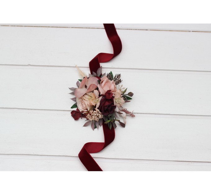 Burgundy & Blush Pink Wedding Boutonnieres & Wrist Corsages – Faux Floral Accessories