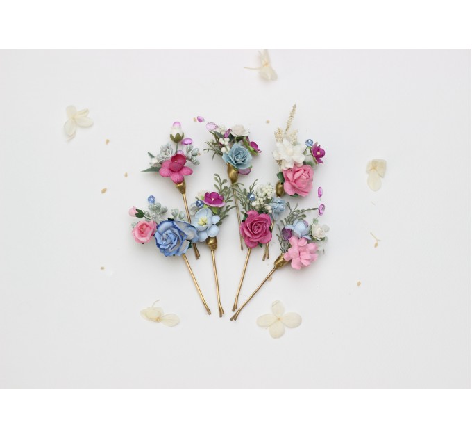 Set of 7 Colorful Flower Bobby Pins – Faux Wedding Hair Accessories in Dusty Blue, Magenta, Pink & White