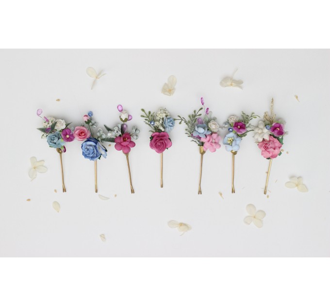 Set of 7 Colorful Flower Bobby Pins – Faux Wedding Hair Accessories in Dusty Blue, Magenta, Pink & White