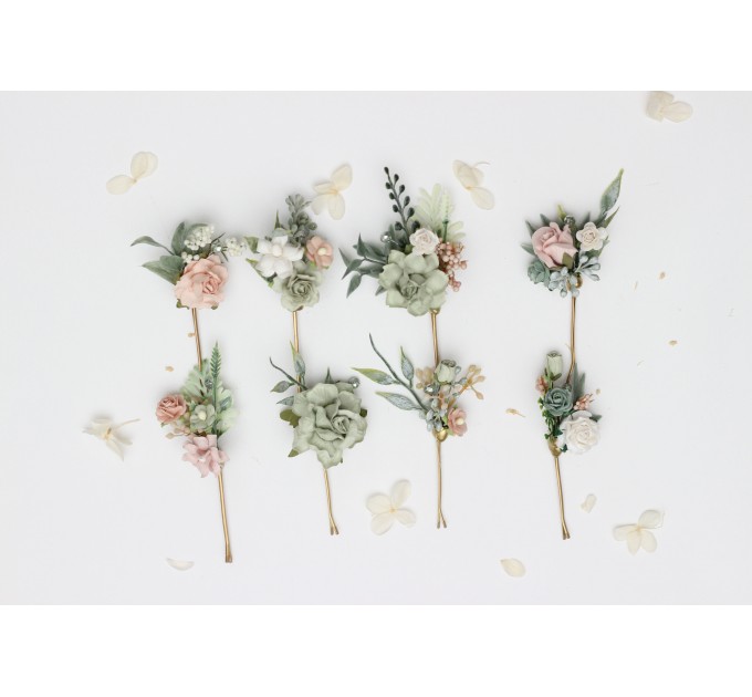 Set of 8 Sage Green & Blush Pink Flower Hair Pins – Faux Wedding Hair Accessories