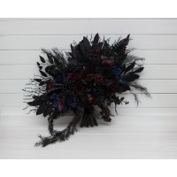 Gothic bouquet for alternative wedding. Purple black blue burgundy bridal and bridesmaid bouquet. Halloween wedding. Dark moody artificial flowers. 5429