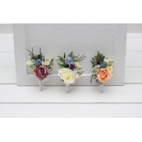 Pastel wildflower wedding boutonnieres. Flower accessories in dusty blue, peach, lilac and cream colors.  5428