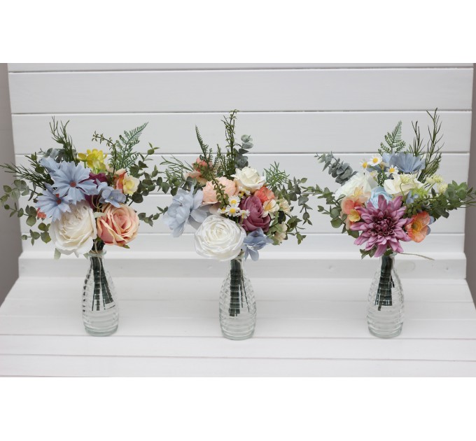 Simple Wedding Table Flowers – Wildflower Mini Bouquets in Dusty Blue, Peach, Lilac & Cream