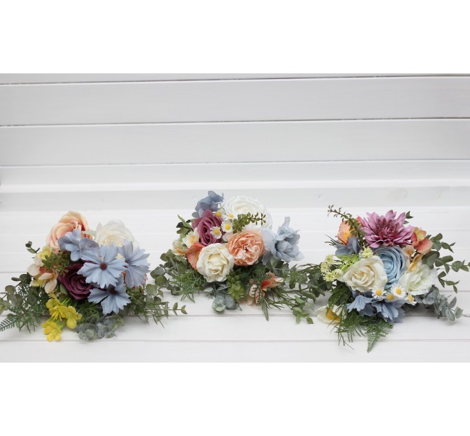 Simple Wedding Table Flowers – Wildflower Mini Bouquets in Dusty Blue, Peach, Lilac & Cream
