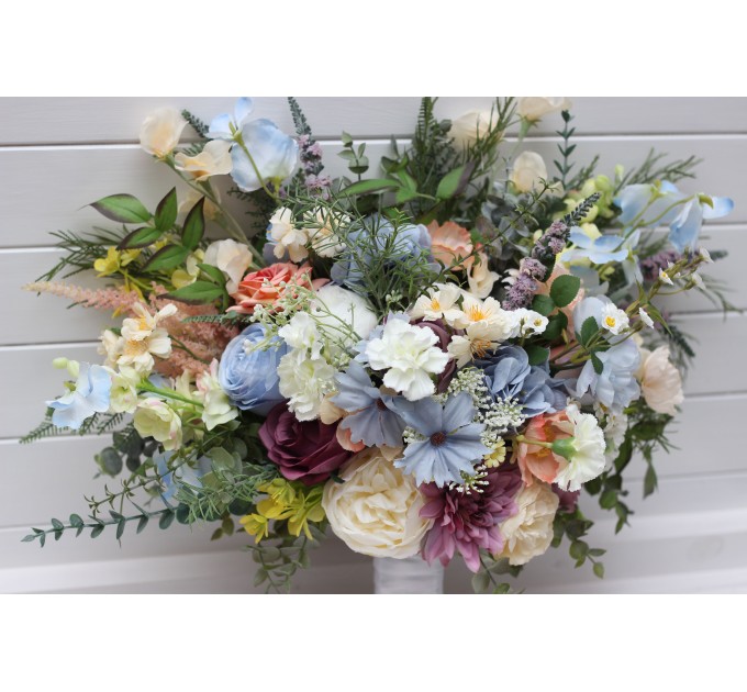Pastel Wildflower Bridal Bouquet – Faux Wedding Flowers in Dusty Blue, Peach, Lilac & Cream