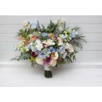 Pastel wildflower bridal bouquet. Faux wedding flowers in dusty blue, peach, lilac and cream. 5428