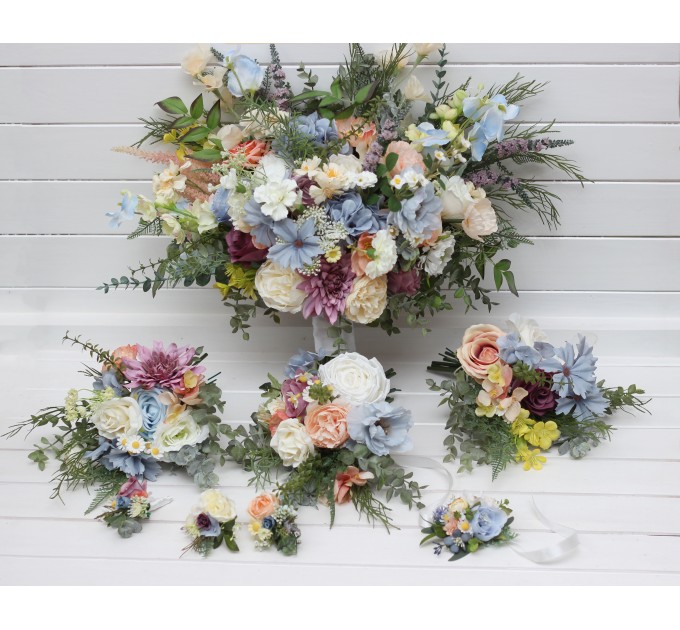 Pastel Wildflower Wedding Boutonnieres – Floral Accessories in Dusty Blue, Peach, Lilac & Cream