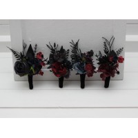  Wedding boutonnieres  in dark moody theme. Gothic flower accessories in purple black blue burgundy colors. 5429