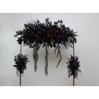  Gohic wedding arrangement for alternative wedding.  Arbor flowers in burgundy black blue purple colors. Helloween floral archway. Faux flowers for wedding arch. 5429