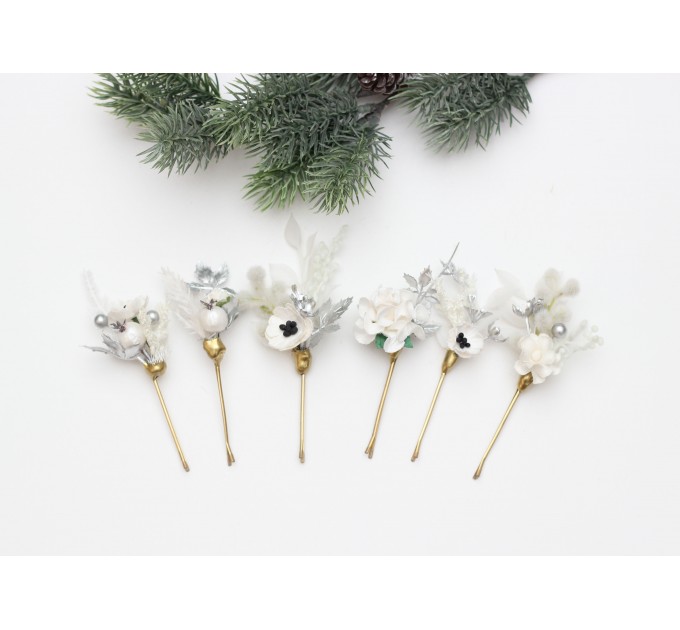 Set of 6 Christmas Bobby Pins – White & Silver Wedding Hair Pins with Berries