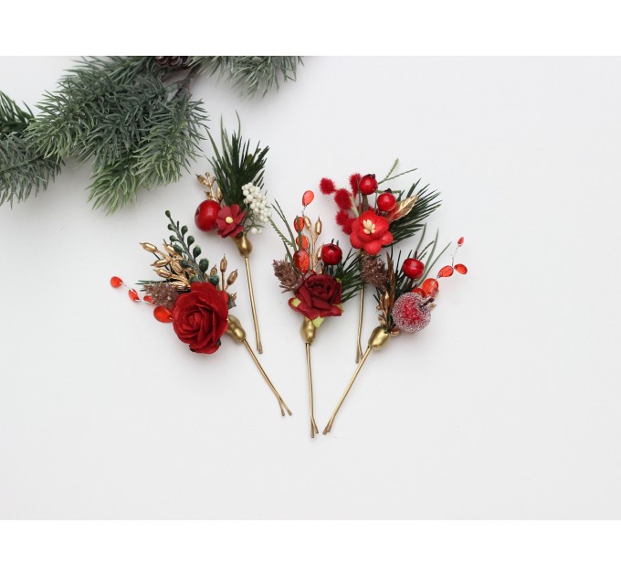 Set of 5 Christmas Bobby Pins with Red Berries – Festive Bridal & Bridesmaid Hair Pins in Burgundy, Gold & Green