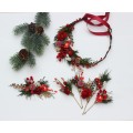 Christmas Flower Crown in Red, Gold, Green & Burgundy – Winter Floral Hair Wreath with Cones & Berries