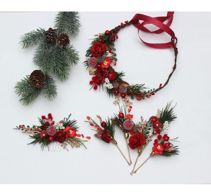 Christmas Flower Crown in Red, Gold, Green & Burgundy – Winter Floral Hair Wreath with Cones & Berries