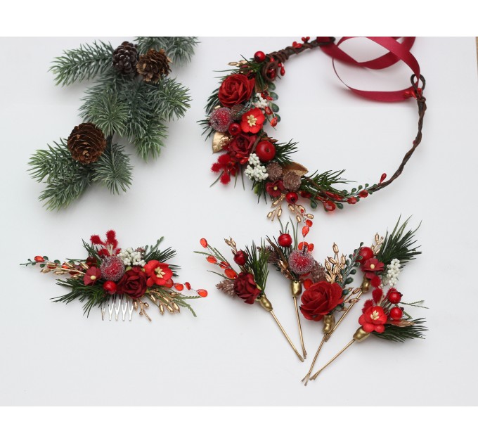 Red, Burgundy, Gold & Green Flower Comb with Berries – Christmas Wedding Hair Accessory for Bride or Bridesmaid