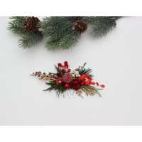 Flower comb in  red, burgundy, gold and green  color scheme. Christmas wedding accessories for hair. Bridal flower comb. Bridesmaid floral comb with berries. 5426