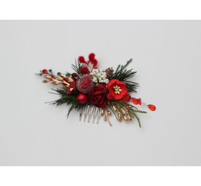 Red, Burgundy, Gold & Green Flower Comb with Berries – Christmas Wedding Hair Accessory for Bride or Bridesmaid