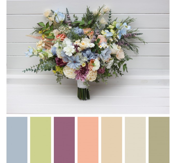 Pastel Wildflower Bridal Bouquet – Faux Wedding Flowers in Dusty Blue, Peach, Lilac & Cream
