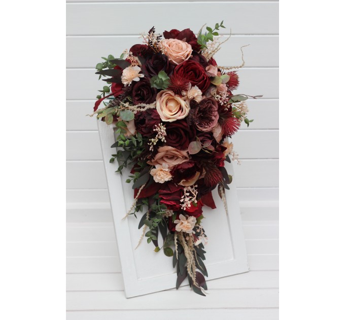 Cascading Bridal Bouquet in Red, Burgundy, Dusty Rose & Peach – Faux Flowers for Fall Weddings