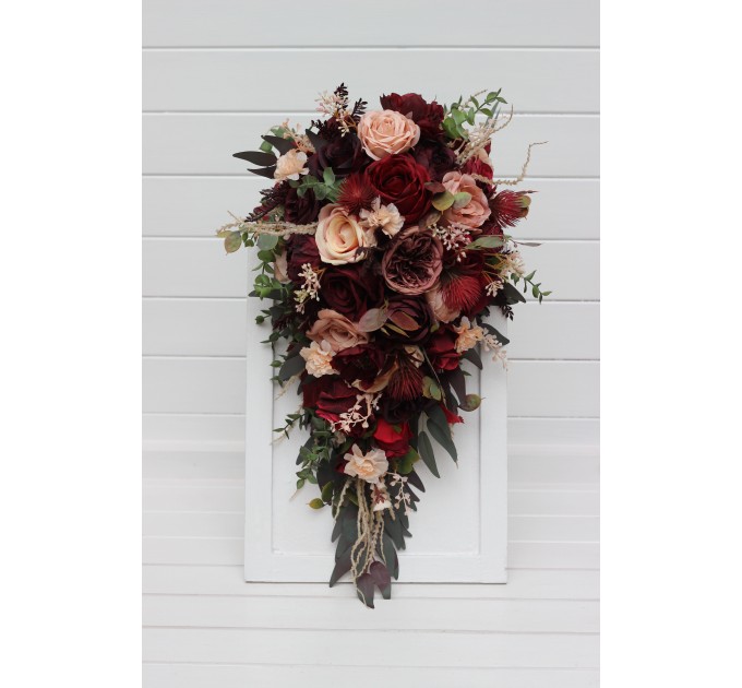 Cascading Bridal Bouquet in Red, Burgundy, Dusty Rose & Peach – Faux Flowers for Fall Weddings