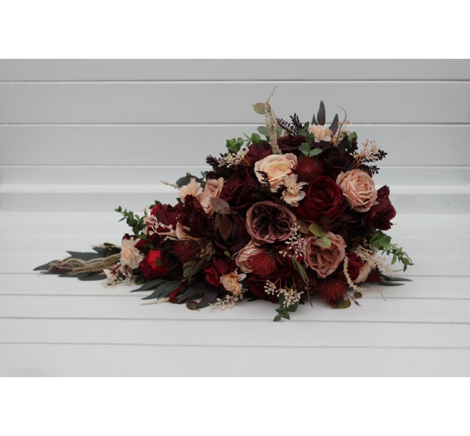 Cascading Bridal Bouquet in Red, Burgundy, Dusty Rose & Peach – Faux Flowers for Fall Weddings