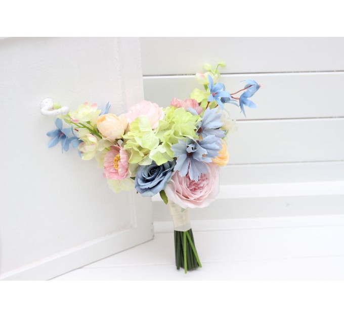 Colorful Bridal Bouquet – Green, Yellow, Pink, Dusty Blue Wildflowers
