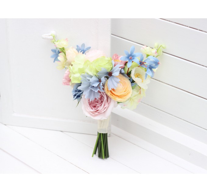 Colorful Bridal Bouquet – Green, Yellow, Pink, Dusty Blue Wildflowers