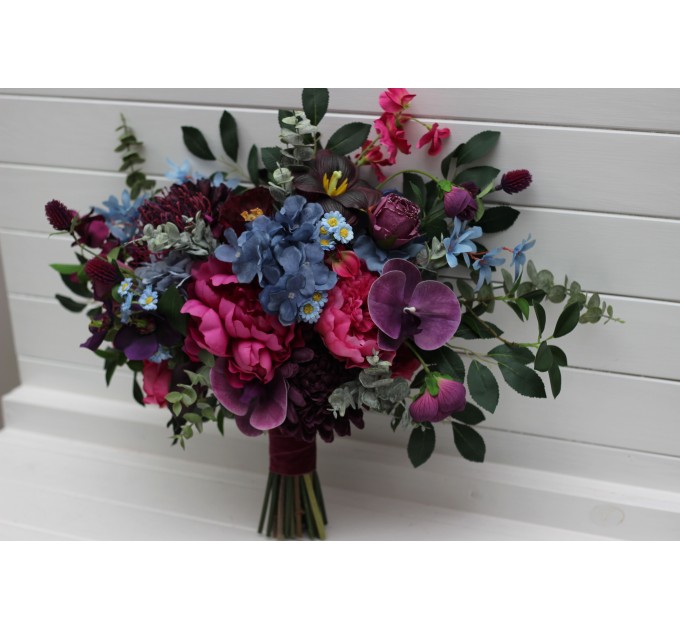 Purple, Magenta & Dusty Blue Bridal Bouquet – Jewel-Tone Faux Wedding Flowers