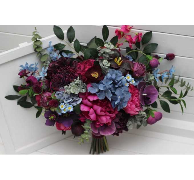 Purple, Magenta & Dusty Blue Bridal Bouquet – Jewel-Tone Faux Wedding Flowers