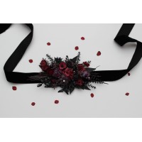Purple burgundy black flower belt for wedding. Floral sash. Bridal belt. Flower girl belt. 5432