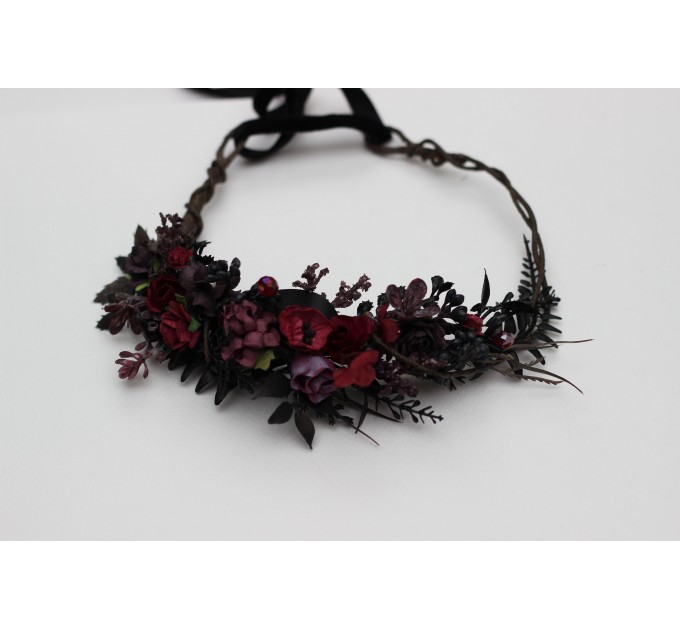 Purple, Burgundy & Black Flower Crown – Gothic Faux Floral Hair Wreath