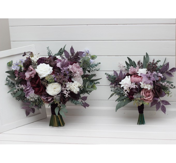 Deep Purple, Lilac & White Bouquets – Boho Faux Wedding Flowers